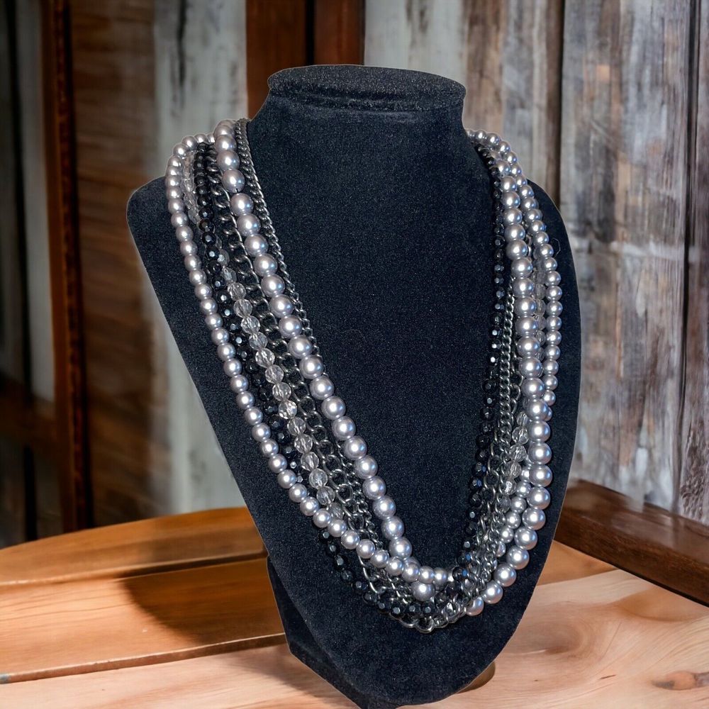 Premier Designs 6 Strand Gunmetal Statement Necklace Pearls Crystals
